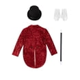 thumbnail image 6 of Hansber Kids Boys Magician Outfits Sparkly Sequin Tailcoat Blazer Jacket with Magic Wand and Hat Set for Stage Burgundy 8, 6 of 7