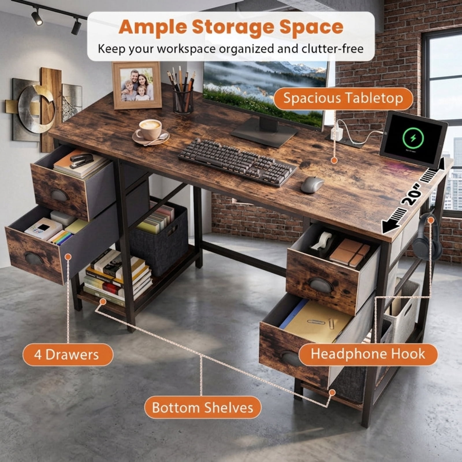 Furnibear 48 Inch Computer Desk with Power Outlet and 4 Fabric Drawers, Home Office Desk with Headphone Hook and Metal Frame for Study, Brown