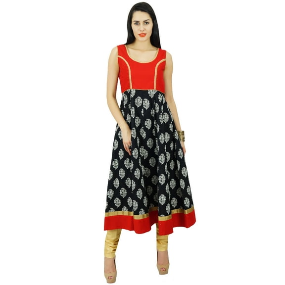 Bimba Women A-Line Designer Cotton Dress Summer Wear Floral Black Printed Sleeveless Kurta Kurti