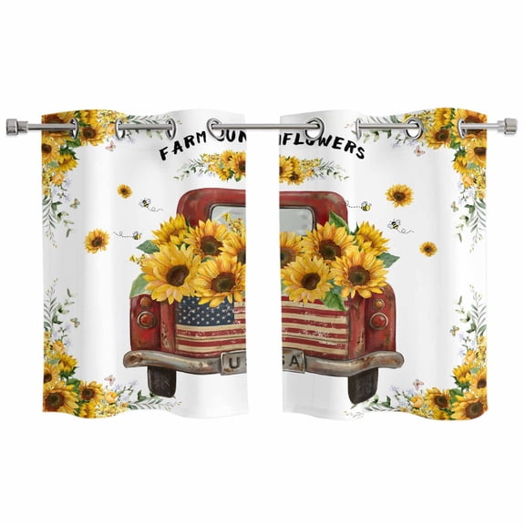 Sunflower Truck Kitchen Curtains Window Panels, Yellow Flowers Summer Botanical Watercolor Insulated Window Treatment Curtain, Grommet Curtains for Bedroom/Living Room/Bathroom, 2 Piece 27.5"Wx39"L