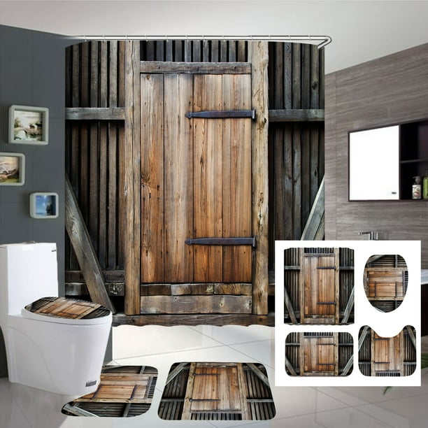 Barn Door Shower Curtain Rustic Wooden Rural Waterproof Home Bathroom