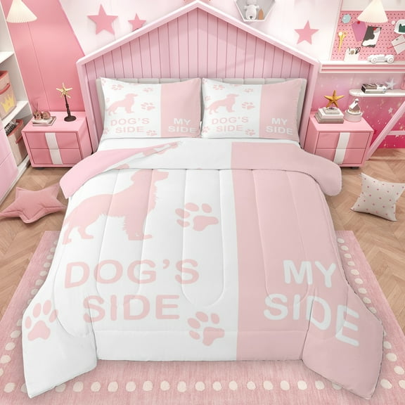Homewish Pet Dog Lovers Bedding Comforter Set,Cartoon Puppy Dogs Twin Comforter Sets,White Pink Bedding Set Fot Girl Boys,Microfiber Bedroom Decor Reversible,2-Piece