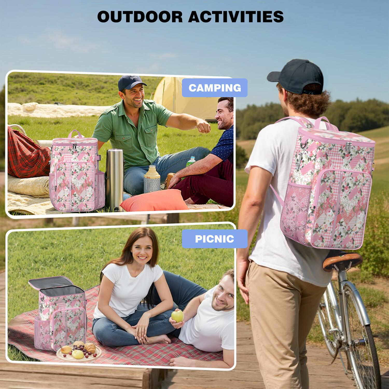 Travel Cooler Bag - Pioneer Flower Camping Beer Cooler Backpack with Bottle Opener- Waterproof Insulated Picnic Backpacks - Cooler Bag for Beach