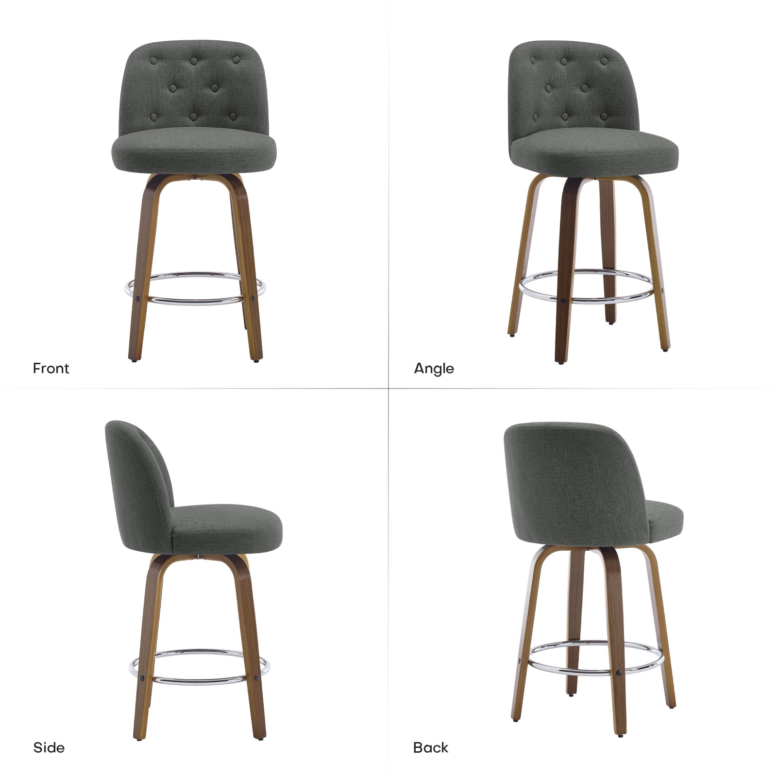 Foreate Swivel Bar Stools Set of 1, 26" Upholstered Linen Fabric with Button-tufted Mid-Back & Wood Legs, Modern Chair Kitchen Pub Island Counter Stool