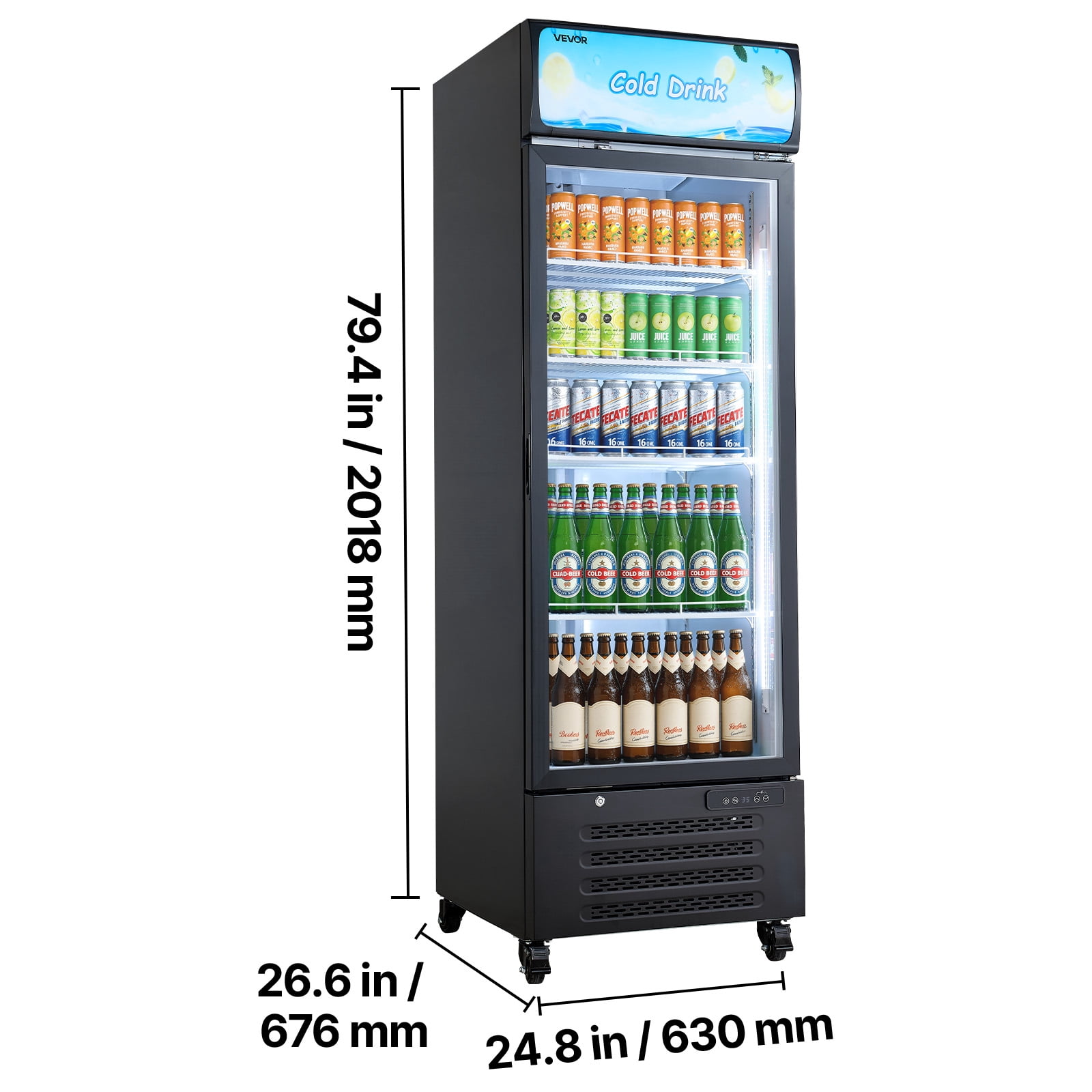 VEVOR Commercial Merchandiser Refrigerator, 15.9 Cu.Ft / 450 L Glass Door Display Refrigerator, Upright Beverage Cooler with Customizable Lightbox,4 Adjustable Shelves & Soft LED Light for Home Shops