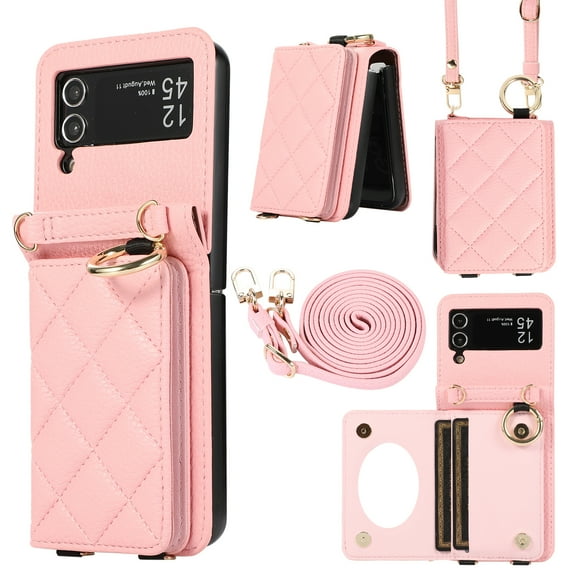 Allytechgroup Stylish Wallet Phone Case for Samsung Galaxy Z Flip 4 5G, Crossbody Shoulder Strap Make-up Mirror Ring Holder Stand Card Holders Shockproof Case for Girls Women, Pink