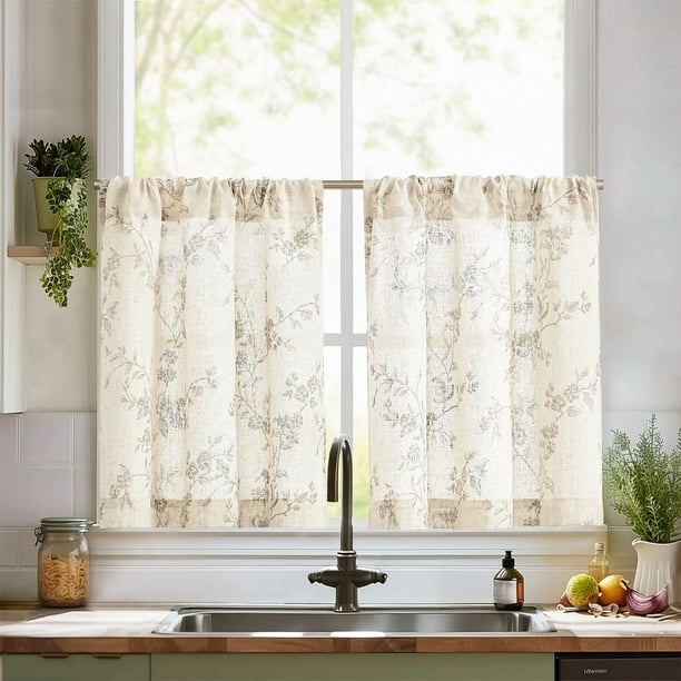 Cortinas de Cocina Jinchan Floral Gris 76x76 cm Lino 2 Paneles