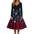 thumbnail image 4 of Women's Christmas Print Flare Dress with Snowflake, Christmas Tree and Snowman Pattern, Long Sleeve V-Neck Vintage Party Dress for Holiday Festive Occasions,Dark Blue,Size XL, 4 of 4