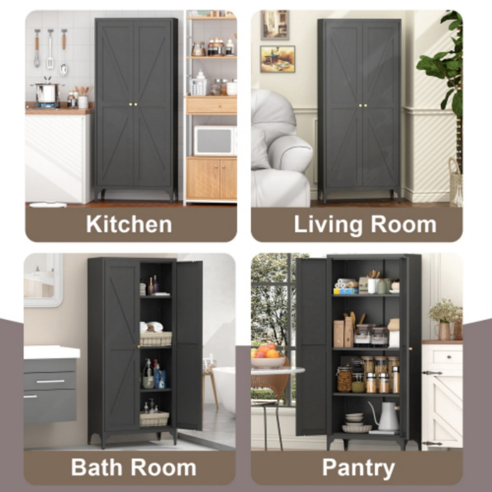 65" H Metal Storage Cabinet, 2-Door Steel Pantry Cabinet with Adjustable Shelves, Freestanding Kitchen Storage Cabinet for Living Room, Bedroom, Office, Black