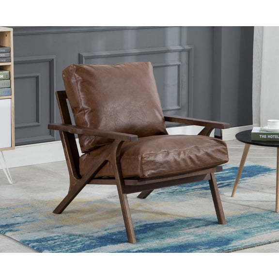 Guyou Mid Century Accent Chair, Upholstered PU Armchair Comfy Single Sofa Lounge Chair with Wooden Frame for Fireplace Bedroom Living Room Study, Brown