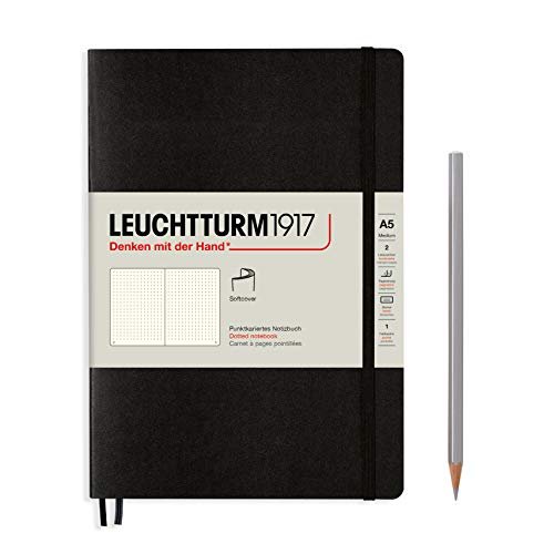 LEUCHTTURM1917 - Cuaderno mediano A5 de tapa blanda punteado (negro) - 123 páginas numeradas