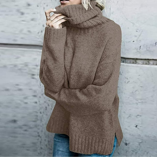 Chandail Uni à Manches Longues pour Femmes, Col Roulé Ample en Tricot