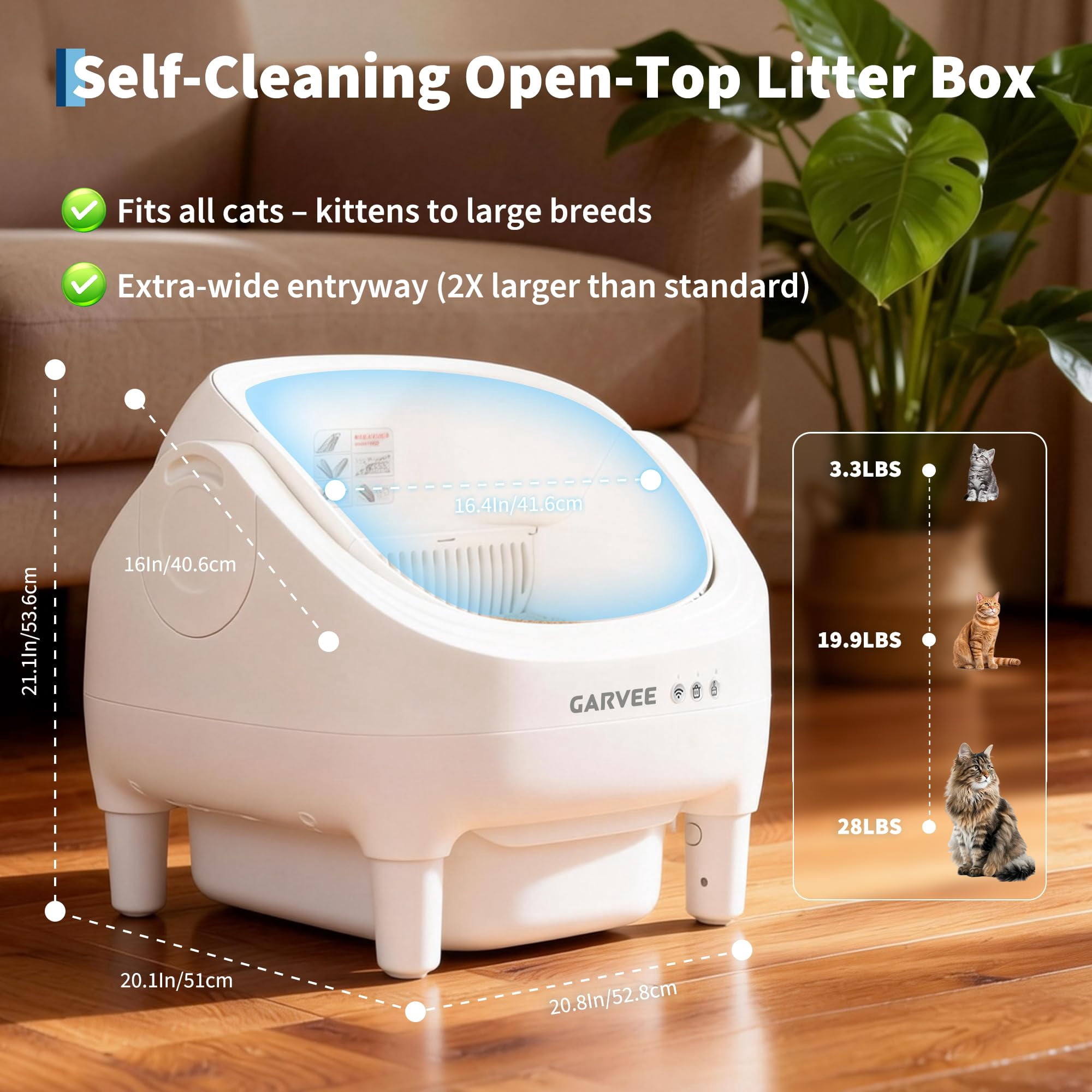 Smart-Controlled Automatic Self-Cleaning Cat Litter Box Featuring Extra Large Capacity, Safety Sensors, Low Noise Operation & Washable Tray. Includes Trash Bags Maintenance,White