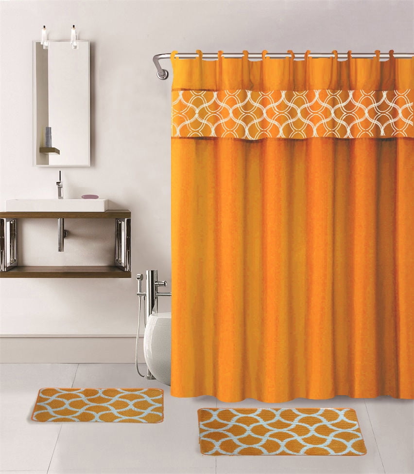 15-PC Geometric Orange HIGH QUALITY Jacquard Bathroom Bath Mat Set, Washable Anti Slip Large Rug 18&quot;x30&quot;, Small Rug 18&quot;x24&quot; with Non-Skid Rubber Back, Shower Curtain and 12 Round Shower Hooks