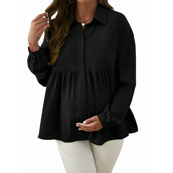 Women'S Long Sleeve Stand Collar Shirt 2025 Autumn and Winter Waist Shirt Loose Maternity Tops Casual Tops Black XL
