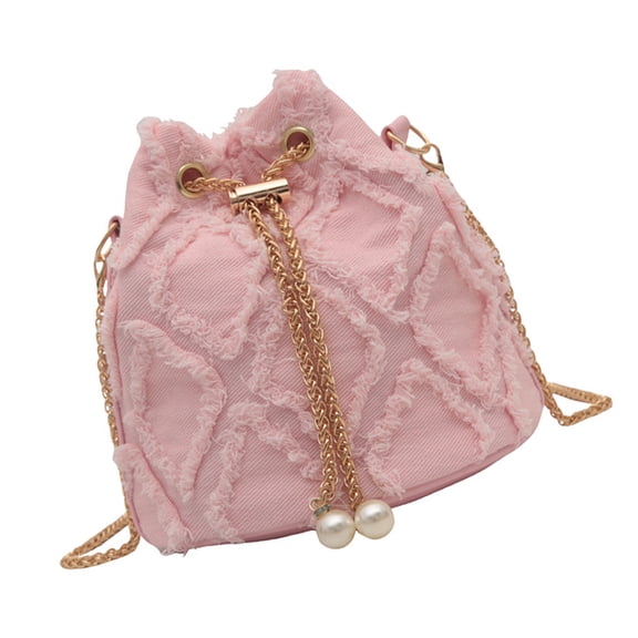 Women's Elegant Tassels Denims Bucket Crossbody Bag with Chain Strap Jeans Drawstring Shoulder Purse for Everyday Use