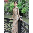 thumbnail image 4 of Women's Vintage Floral Cheongsam Qipao Dress – Beige Bridal & Wedding Guest Maxi Dress, Short Sleeve Chinese Traditional Evening Gown with Side Slit for Garden Party, Cultural Events, Formal Occasion, 4 of 8