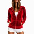 thumbnail image 5 of Karymi Zip‑Up Velvet Hooded Jackets for Women, Drawstring Hood Long Sleeve Casual Outerwear with Kangaroo Pocket, 5 of 7