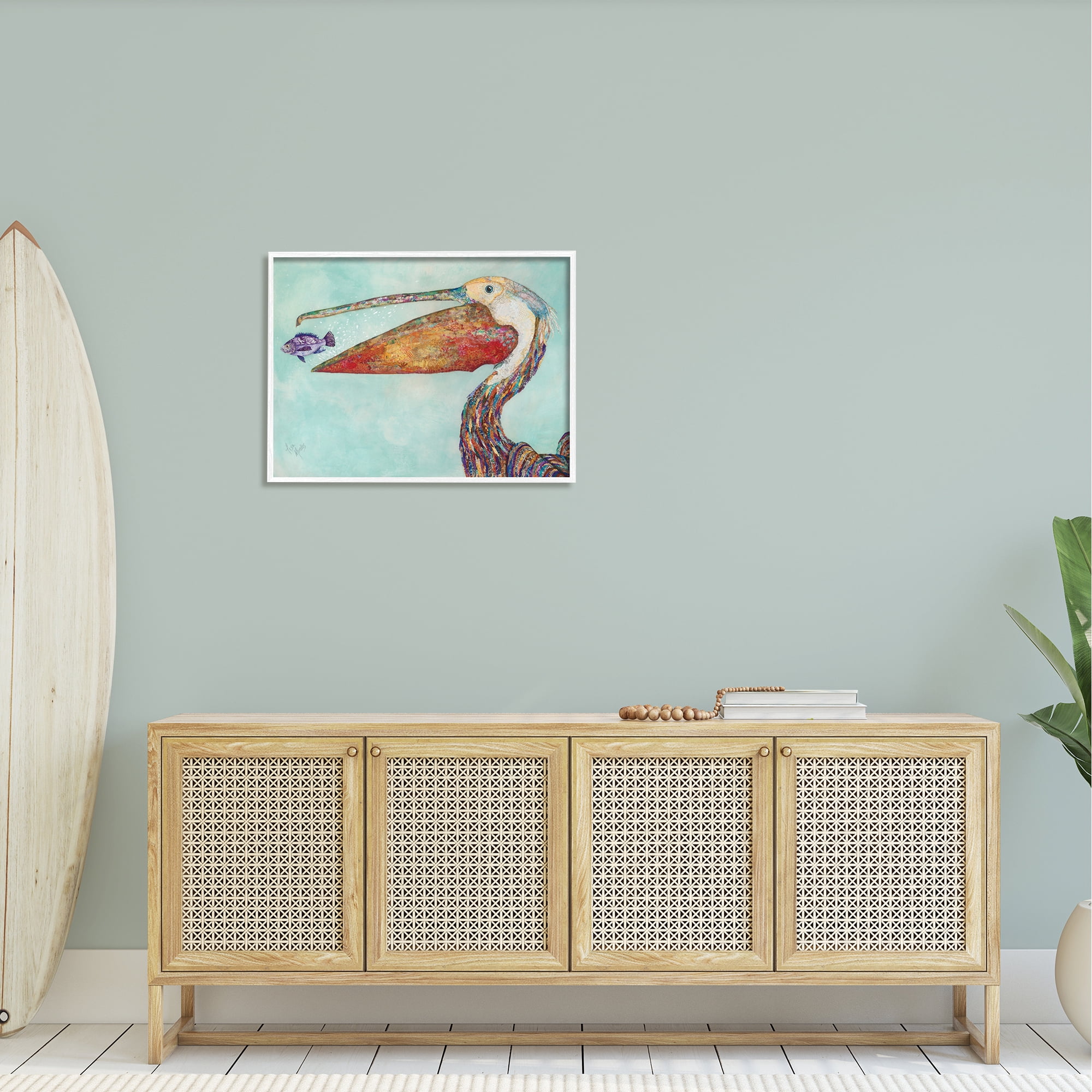 Stupell Industries Pelican's Lost Supper Fish and Patterned Feathers Graphic Art Framed Art Print Wall Art, 30x24, By Lisa Morales