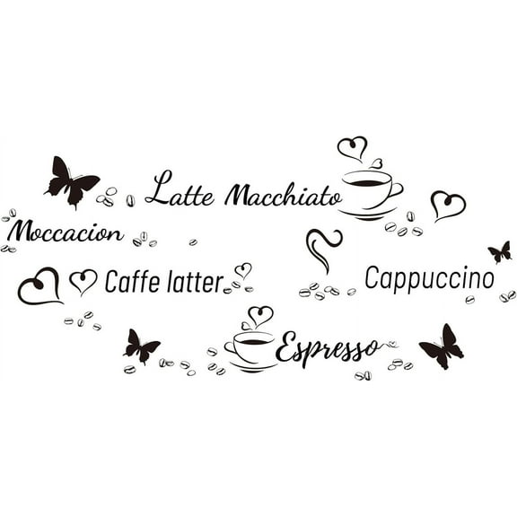 Coffee Vinyl Wall Stickers Caffe Wall Art Sticker Butterfly Wall Decals Coffee Cup Sticker for Coffee Shop Store Cafe Restaurant Kitchen Decoration 11.4"x36.6" Black