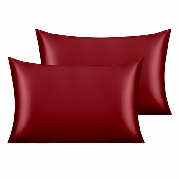 AUQ 2Pack Silky Satin Standard Pillowcases for Hair and Skin,20" X 26" Luxury Soft Pillow Cases with Envelope Closure for Home Bedroom,Wine Red