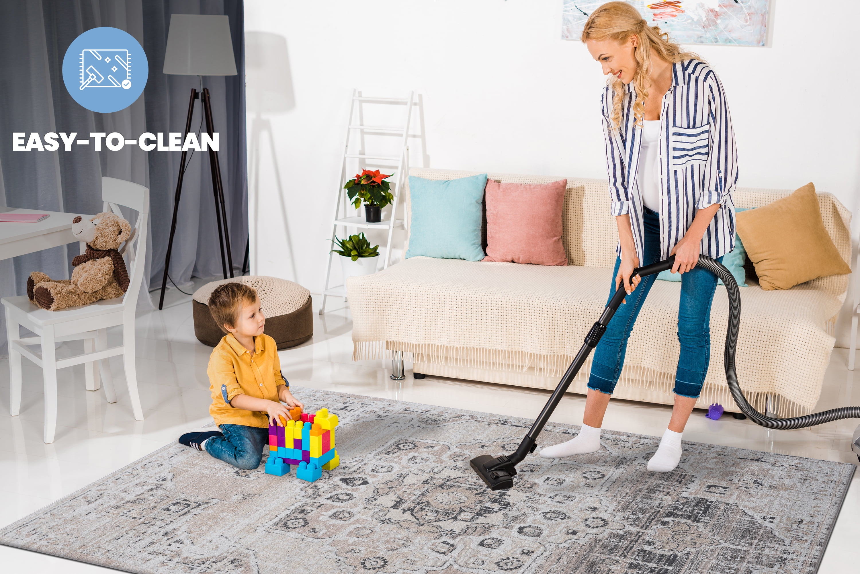 5X7 Cream Beige Medallion Area Rug Non Shedding Stain Resistant Kid Pet Friendly Medium Pile Cotton Backing Latex Free Living Room Bedroom Dining Home Office Rug