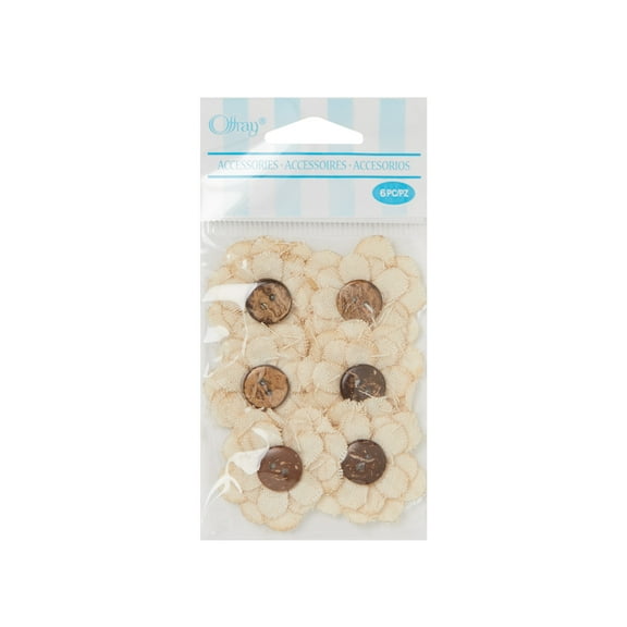 Offray Accessories, Natural Linen Flower with Button Center Accessory for Crafting, 6 Count