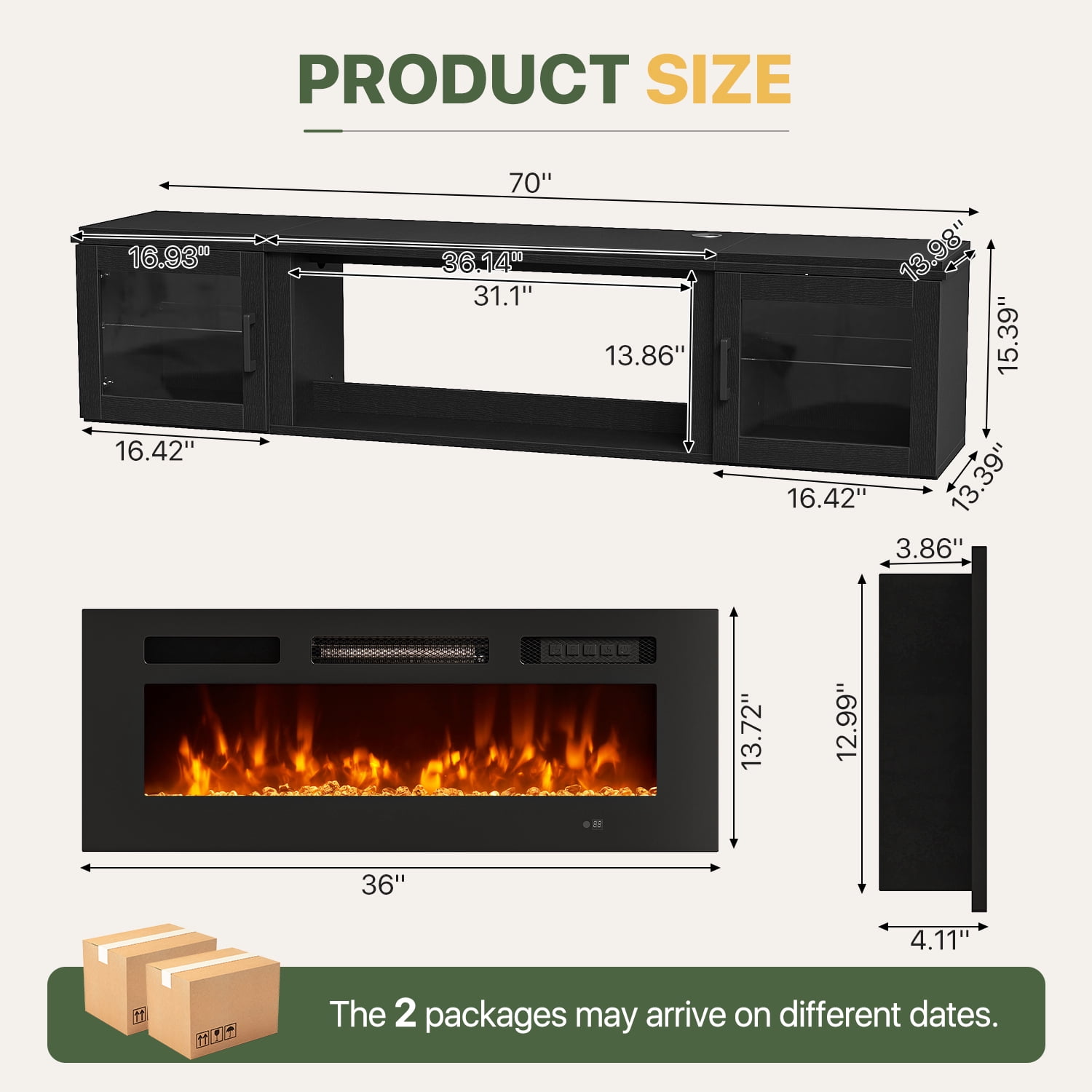 BaPiPro Floating TV Stand with fireplace for TV's up to 80", 70" Wall Mounted Floating Entertainment Center with LED Lights, Modern Fireplace TV Console for Living Room, Black