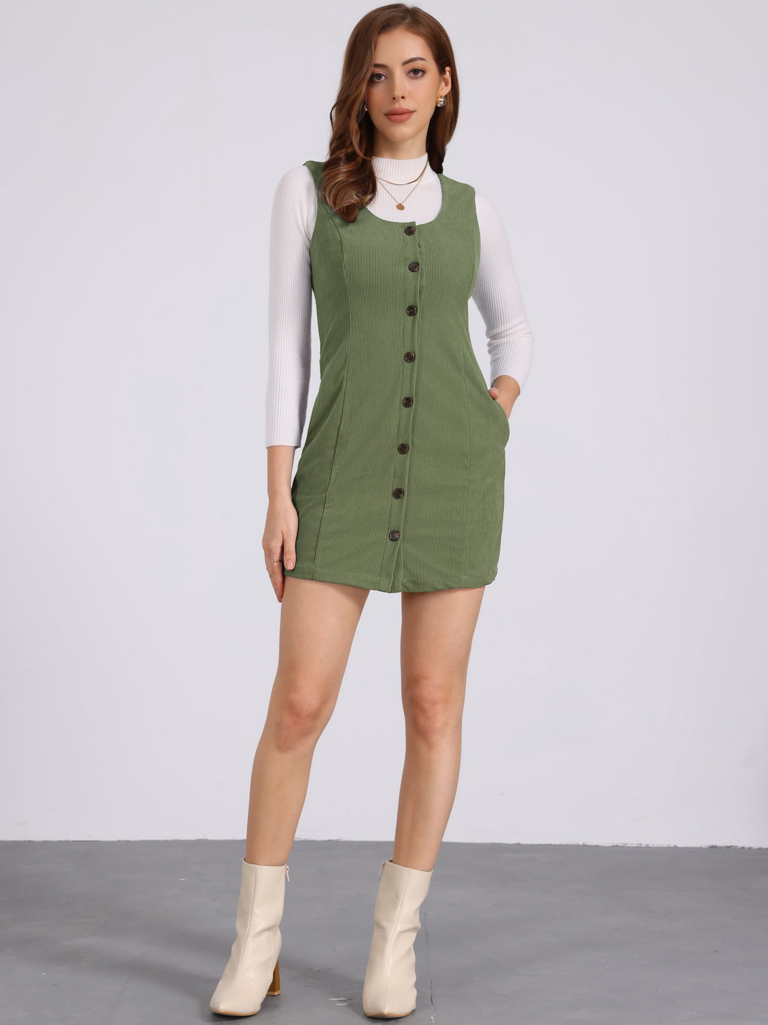 DARING DIVA Women's Stylish Corduroy Overall Scoop Neck Sleeveless Dress L Army Green