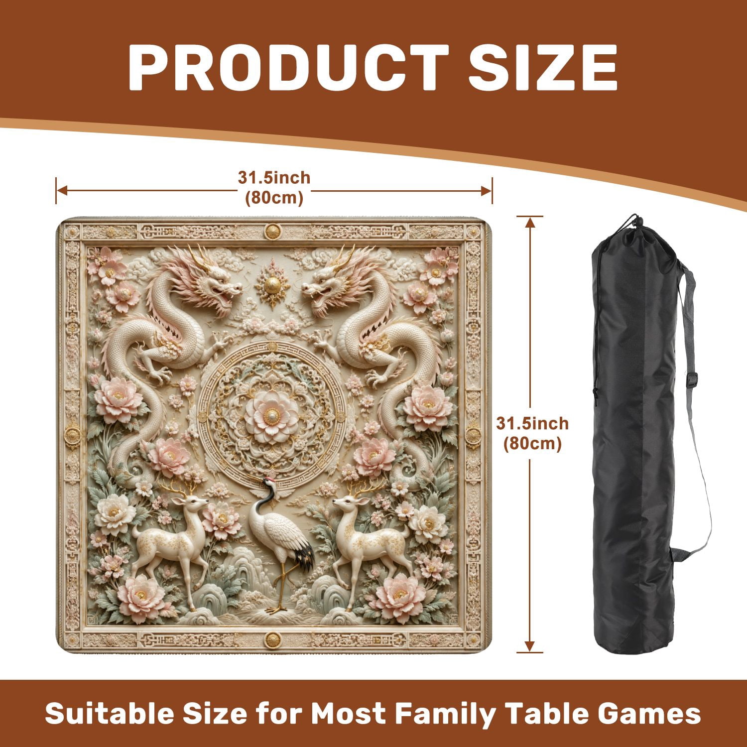Mahjong Mat 31.5" x 31.5" Chinese Dragons Floral Mandala Relief Soft Pastel Tones Non-Slip Noise Reduction Chic Portable Gaming Table Cover for Family Game Night & Gift