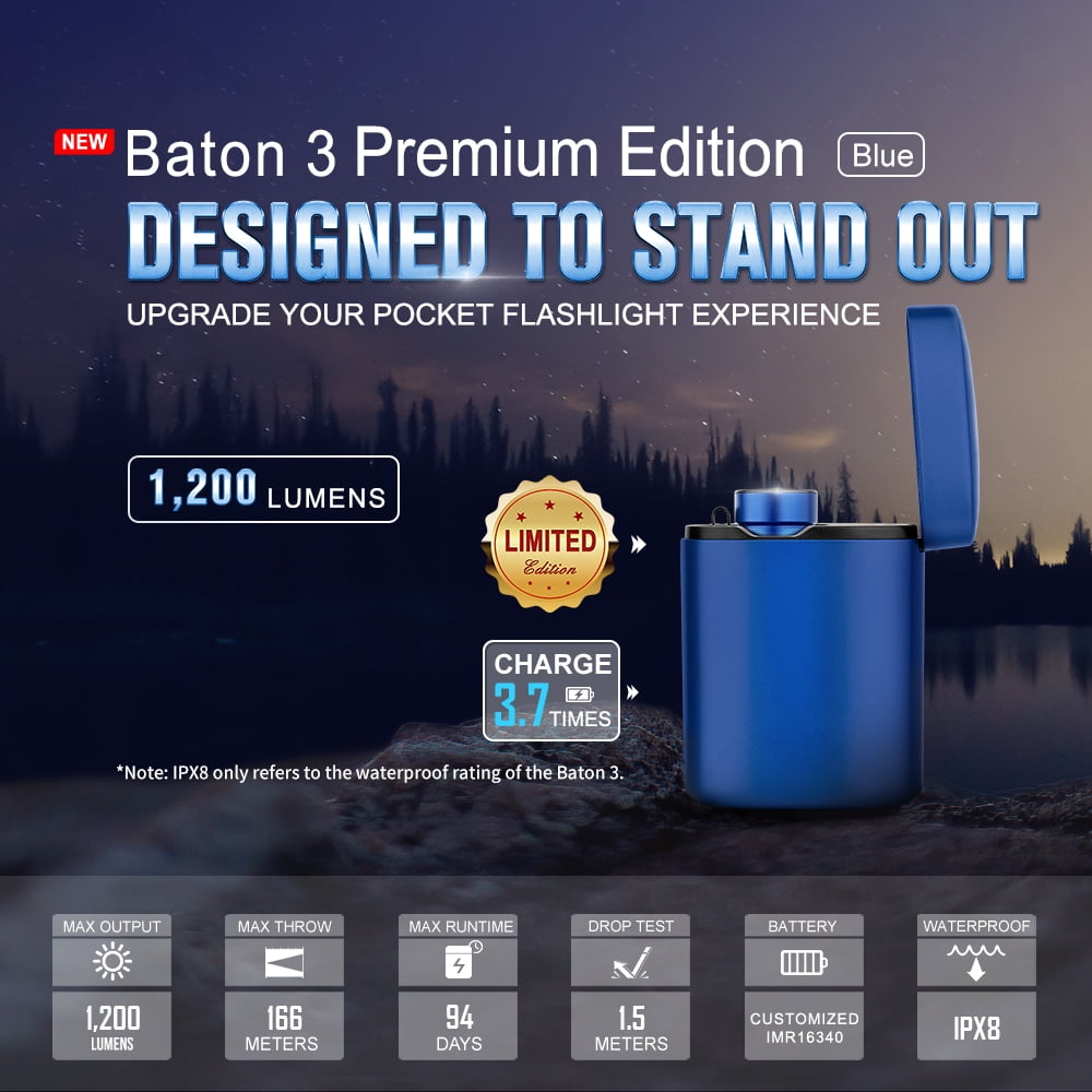 OLIGHT Baton 3 Premium Edition 1200 Lumens Compact LED Flashlight Powered by a Single Rechargeable Battery, with Charging Box (Blue)