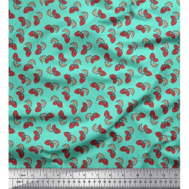 Soimoi Tissu Poly Georgette Feuilles & Fraises Fruits Imprimé 1 Yard 52 Pouces de Large