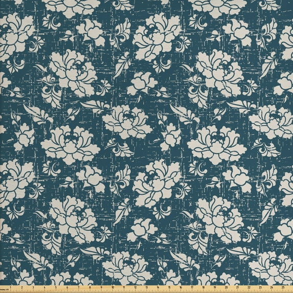 Vintage Fabric by the Yard, Botanic Garden Illustration Romantic Feminine Arrangement Grunge Effect, Decorative Upholstery Fabric for Sofas and Home Accents, Dark Teal Eggshell by Ambesonne