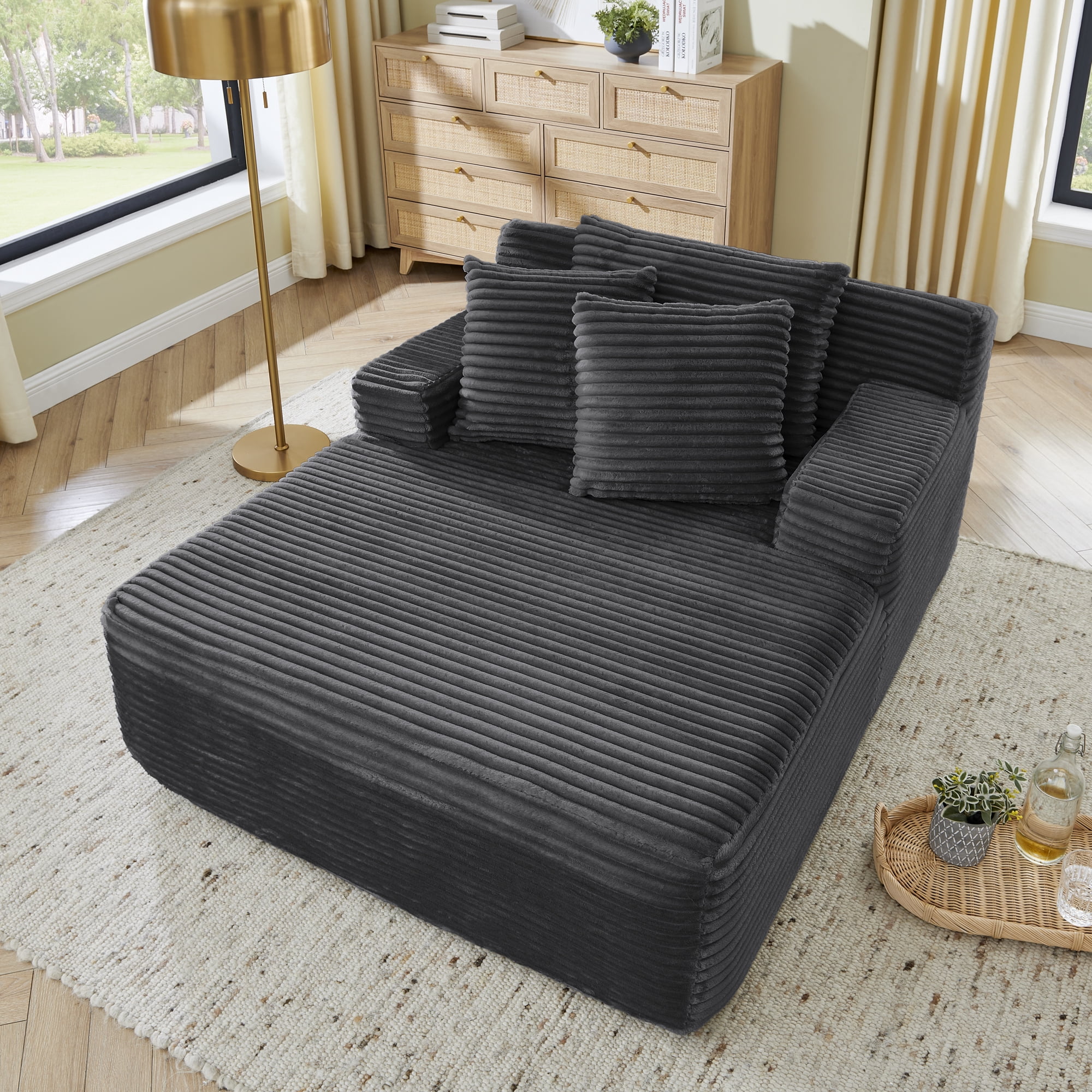 65"Oversized Chaise Lounge Chair Indoor, Cloud-Plush Corduroy Upholstered Sofa Bed with Pillows, Modern Deep Seat Cozy Sleeper Couch for Living Room, No Assembly Required, Deep Gray