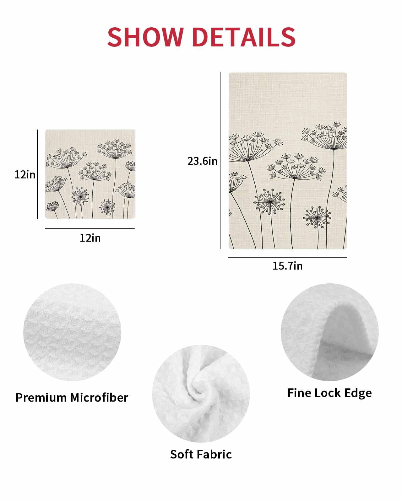 Farmhouse Dandelion Kitchen Dish Towels for Drying Dishes Set of 2, Spring Modern Minimalist Country Flower Waffle Weave Microfiber Hand Tea Bathroom Towels Quick Dry & Absorbent Towel 15.7x23.6