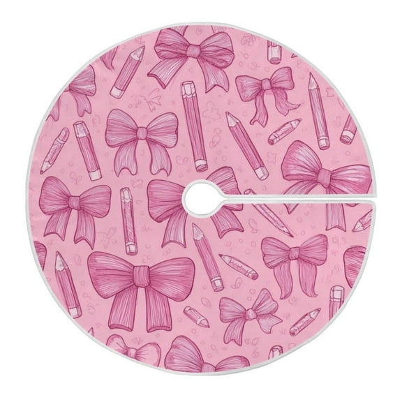 RMDQTR Festive Christmas Tree Skirt47.2x47.2in - Holiday Home Decor for Xmas Party Pink Bows and Pencils