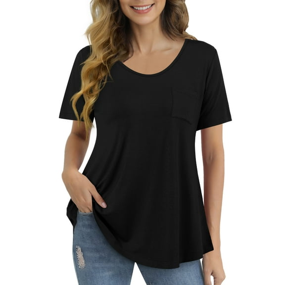 FOLUNSI Womens T Shirts Short Sleeve Round Neck Loose Print Tunic Tops with Pocket