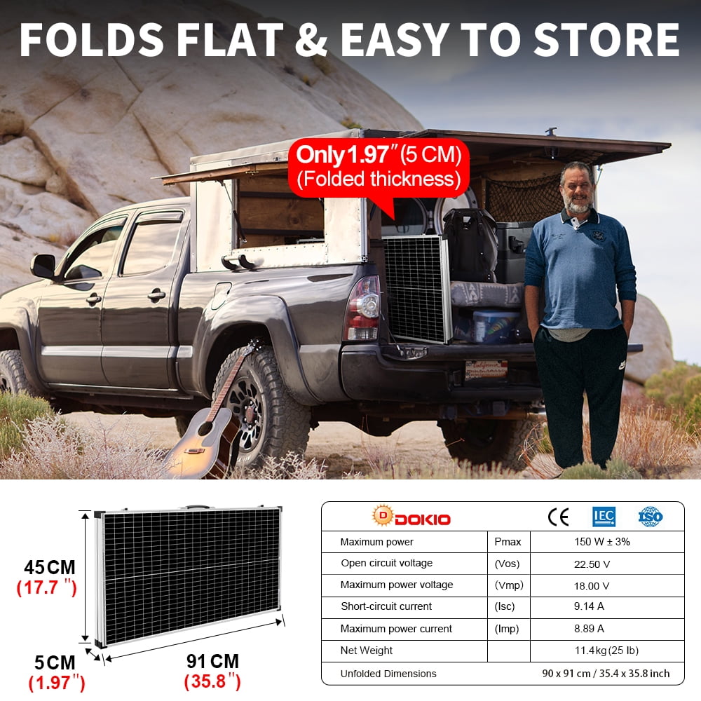 DOKIO Portable Foldable 150W 18v Solar Suitcase Monocrystalline, Folding Solar Panel Kit with Controller to Charge 12 Volts Batteries (AGM Lead/Acid Types Vented Gel) RV Camping Boat