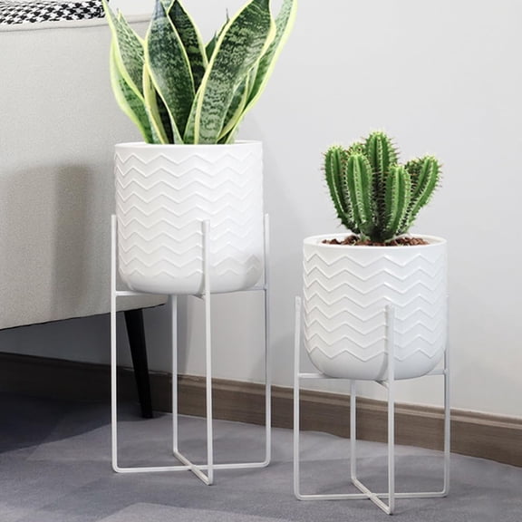 TRIROCKS Set of 2 Planters with Stand Indoor Outdoor Metal Stand 18 &12" Tall Modern Planters Flower Pots for Living Room Corner Kitchen Office Garden Balcony Patio Decor(White)