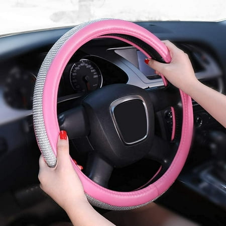 EING Car Steering Wheel Cover with Bling Crystal Diamonds Leather Steering Wheel Case Accessories for Ladies Women Girls,Pink
