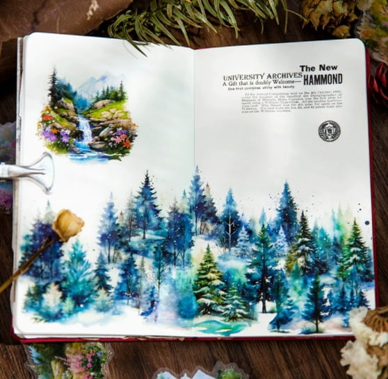 6-Piece Sticker Pack - Twilight Forest Series Retro Journal Decoration Base Collage Plant Landscape Stickers