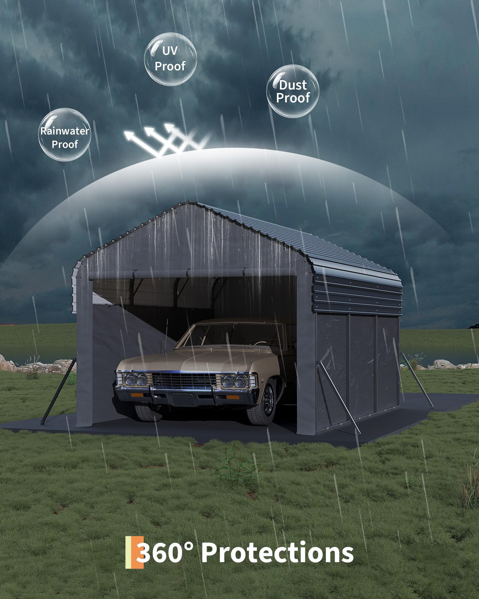 10'X15'X9' Metal Carport, Enclosed Car Ports with Heavy Duty Steel Frame and 220 g Tarp, All-Weather Carport, for Sedans, Boats, and Tractors