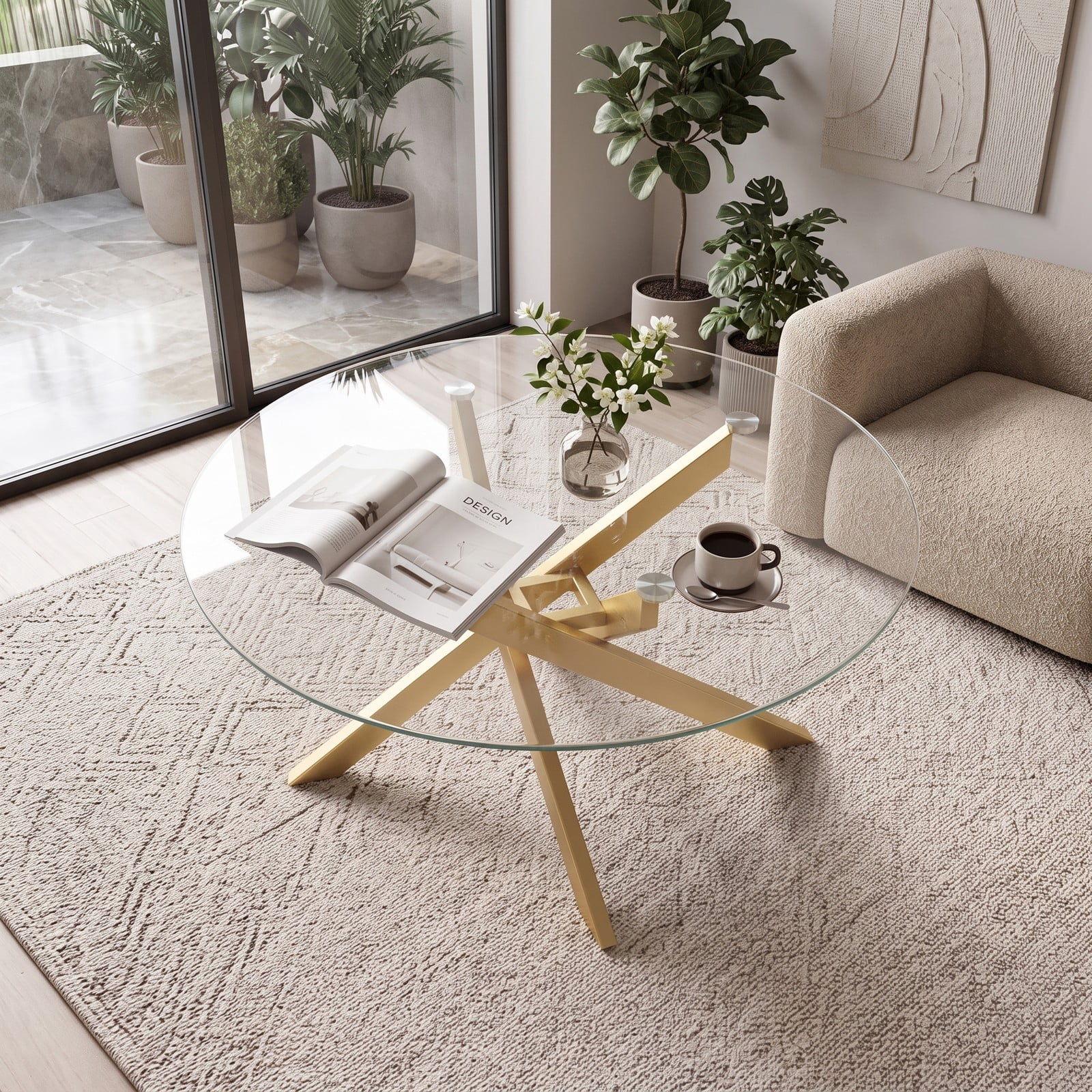 Furnibear Round Glass Coffee Table, Tempered Glass Top Center Table with Geometric Gold Metal Frame for Living Room, Adjustable Foot Pads, Modern Clear & Gold