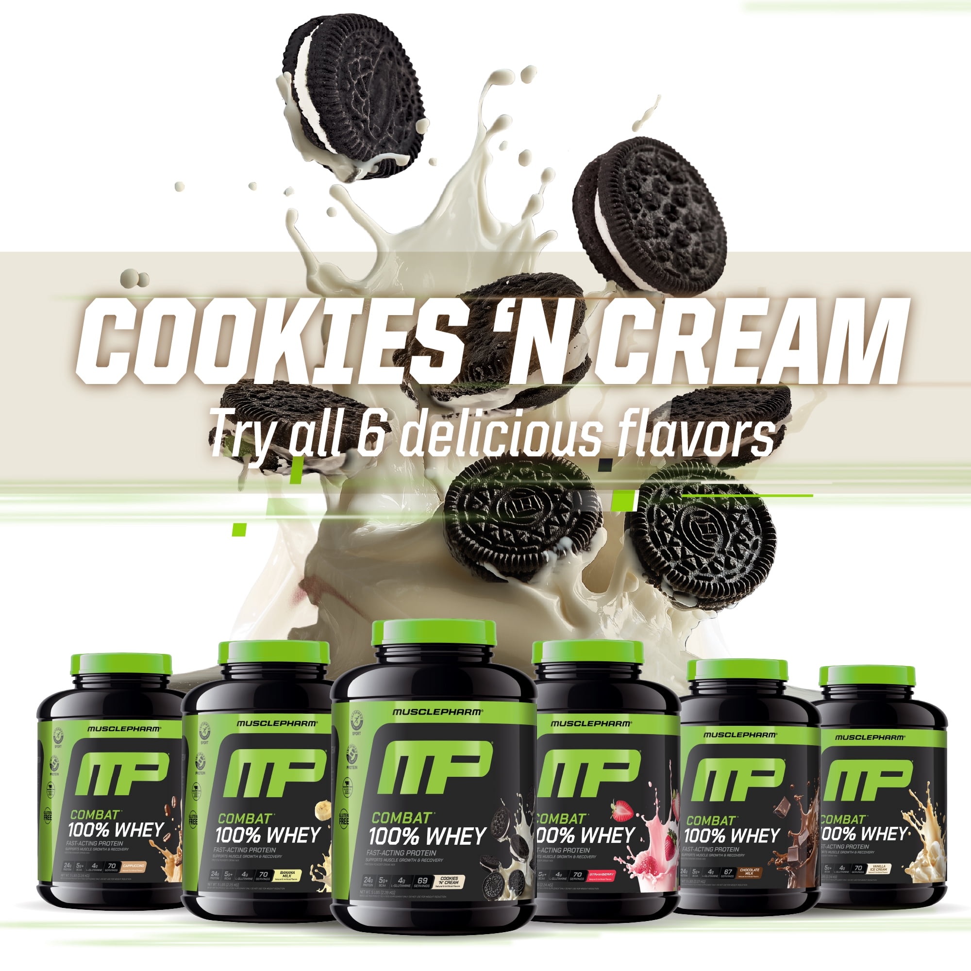 MusclePharm Combat 100% Whey Protein Powder, Cookies & Cream, 25g Protein, 5lb, 80oz