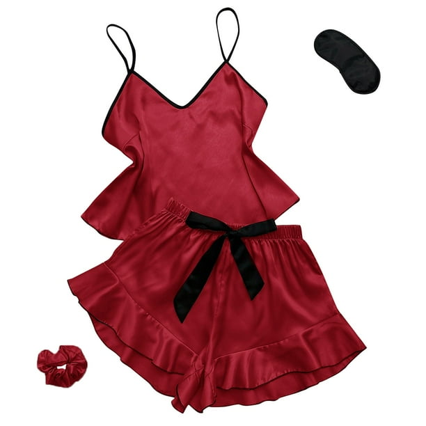 Conjunto de pijama de seda helada para mujer: pantalones cortos con tirantes y lazo liso, ropa fina para estar por casa, tallas S-XL