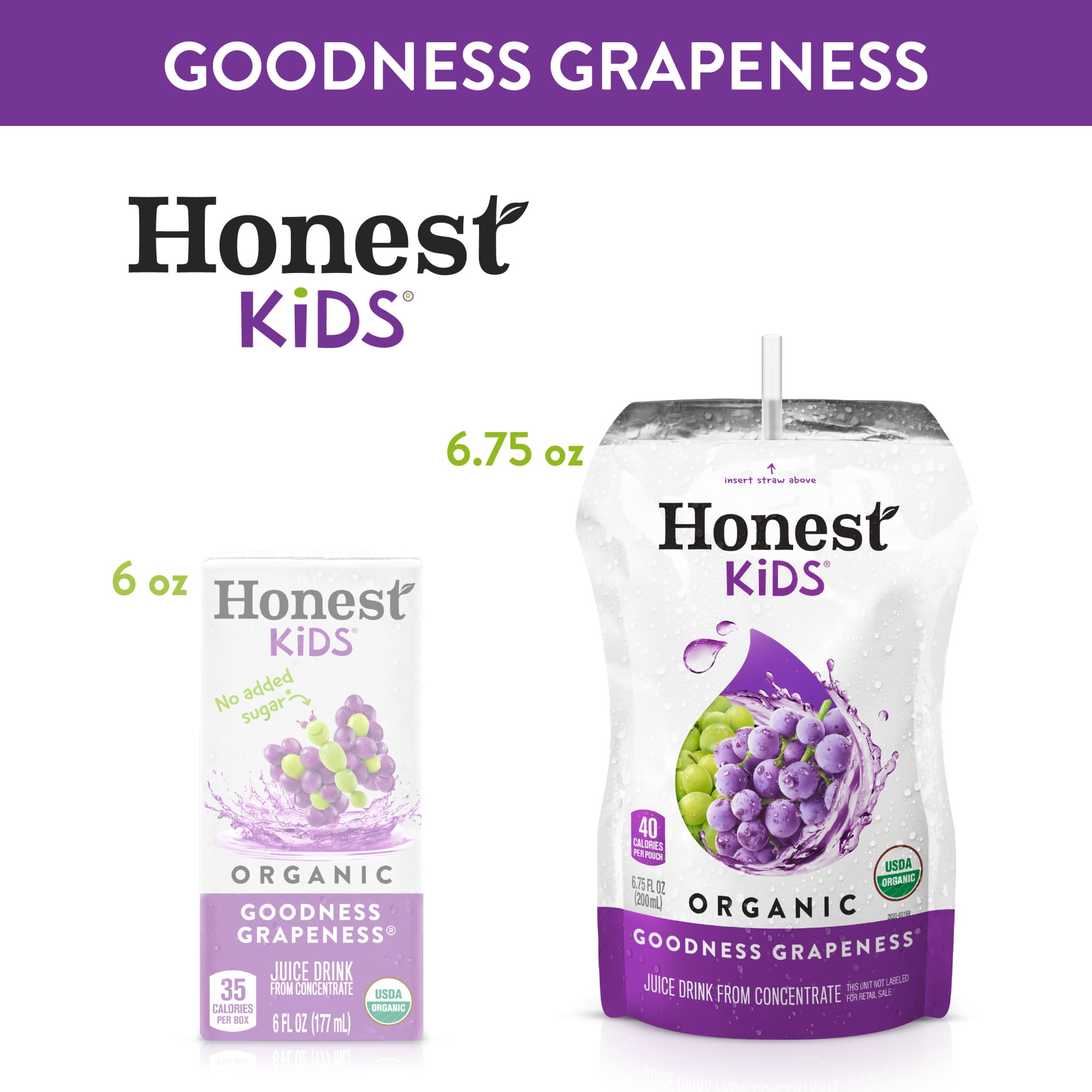 Honest Kids Organic Goodness Grapeness Grape Fruit Juice, 6.75 fl oz, 8 Pouches