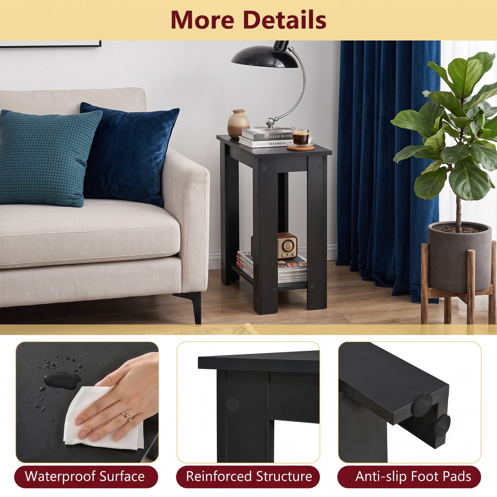Furnibear 2-Tier Modern End Table with Storage Shelf, Compact Wooden Nightstand Sofa Side Table for Living Room Bedroom Small Spaces, Black