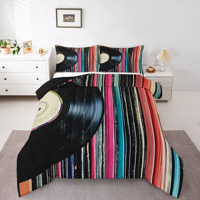 Erosebridal 80s Music Theme Bedding Todder Comforter Set, Old Fashion Vinyl Record Down Comforter, Reversible 2 Pieces