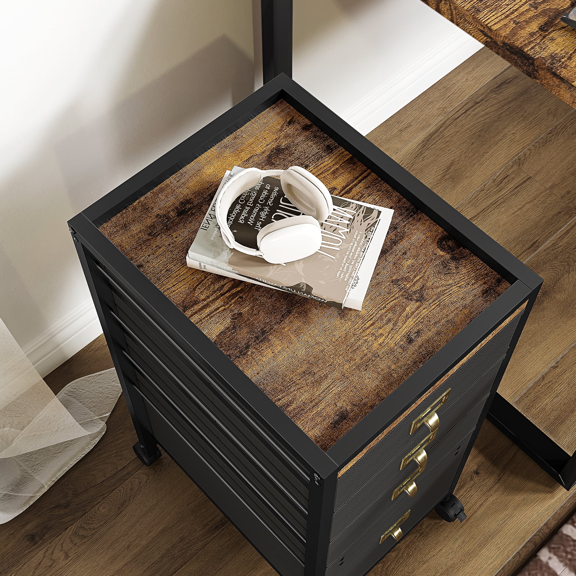 File Cabinet with 4 Drawer, Mobile Filing Cabinet Rolling Printer Stand Fits A4 or Letter Size, Fabric Vertical File Cabinet with Wheels, Under Desk Storage Cabinet for Home Office
