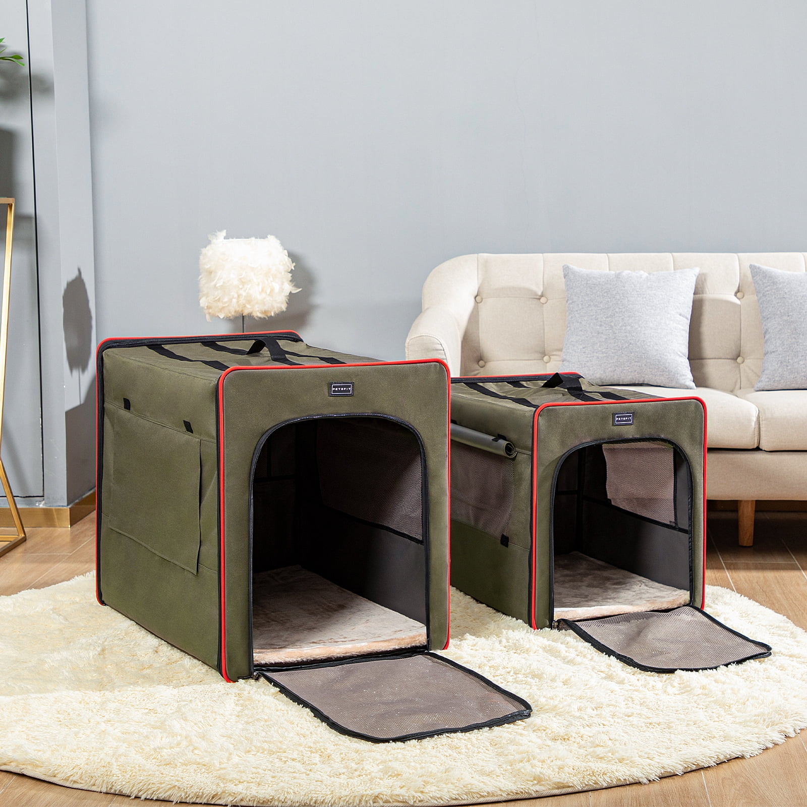 Petsfit Soft Collapsible Dog Crate, 31" Portable Travel Dog Crate with Mesh Windows for Large Dogs, Pet Kennel Suitable for Car Army Green